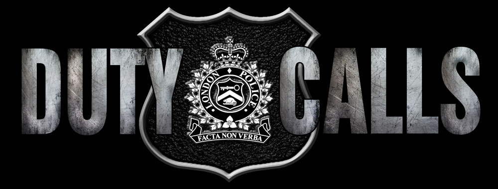 Duty Call Logo, grey metalic lettering on black background